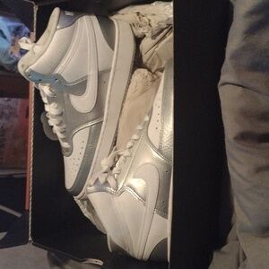 Nike Court Vision High Top Sneakers White Silver